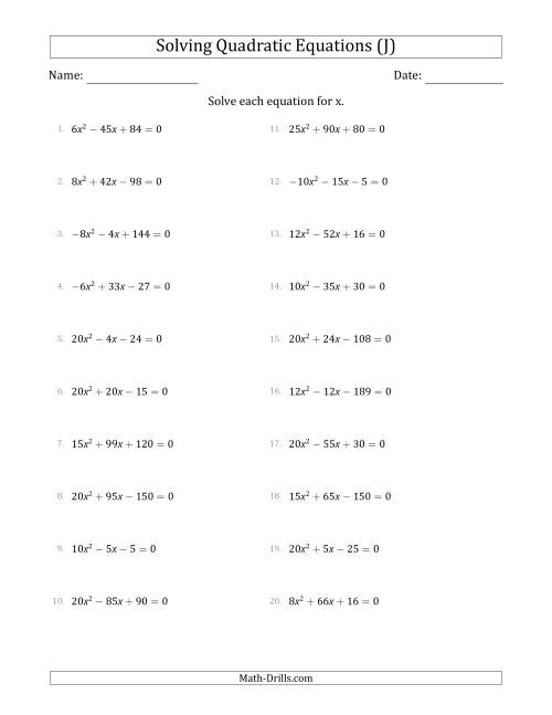 The Solving Quadratic Equations with Positive or Negative 'a' Coefficients up to 5 with a Common Factor Step (J) Math Worksheet