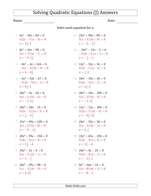 The Solving Quadratic Equations with Positive or Negative 'a' Coefficients up to 5 with a Common Factor Step (J) Math Worksheet Page 2