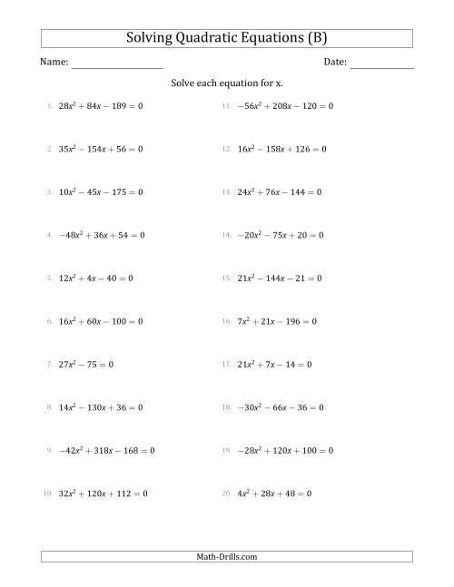 The Solving Quadratic Equations with Positive or Negative 'a' Coefficients up to 9 with a Common Factor Step (B) Math Worksheet