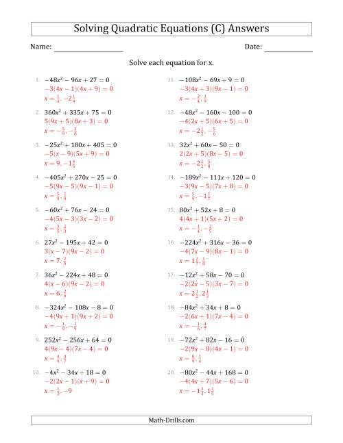 The Solving Quadratic Equations with Positive or Negative 'a' Coefficients up to 81 with a Common Factor Step (C) Math Worksheet Page 2