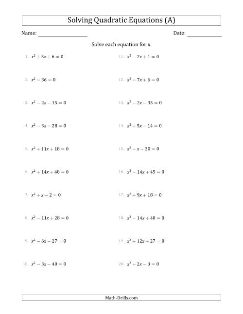 The Solving Quadratic Equations with Positive 'a' Coefficients of 1 (A) Math Worksheet