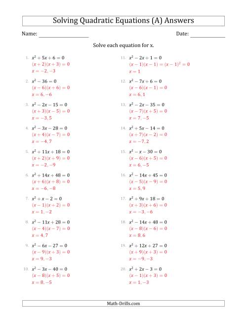 The Solving Quadratic Equations with Positive 'a' Coefficients of 1 (A) Math Worksheet Page 2