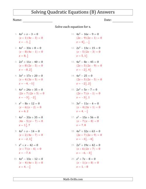 The Solving Quadratic Equations with Positive 'a' Coefficients up to 4 (B) Math Worksheet Page 2