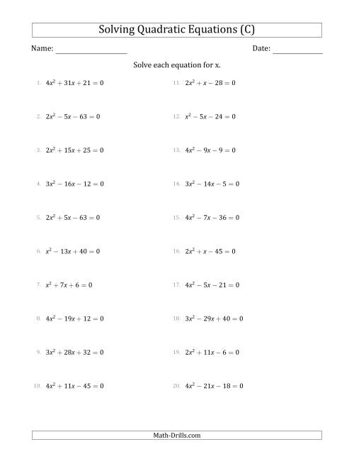 The Solving Quadratic Equations with Positive 'a' Coefficients up to 4 (C) Math Worksheet