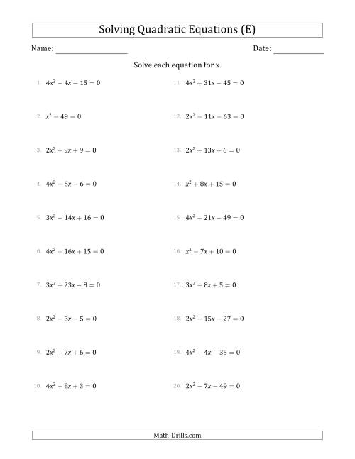 The Solving Quadratic Equations with Positive 'a' Coefficients up to 4 (E) Math Worksheet