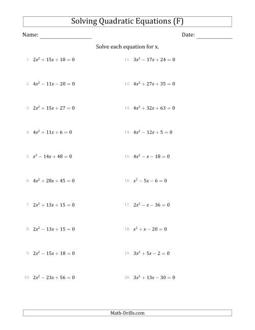 The Solving Quadratic Equations with Positive 'a' Coefficients up to 4 (F) Math Worksheet