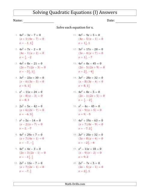 The Solving Quadratic Equations with Positive 'a' Coefficients up to 4 (I) Math Worksheet Page 2