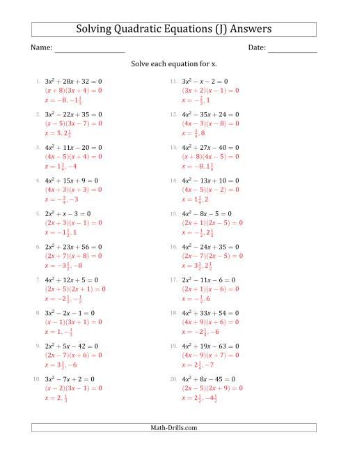 The Solving Quadratic Equations with Positive 'a' Coefficients up to 4 (J) Math Worksheet Page 2