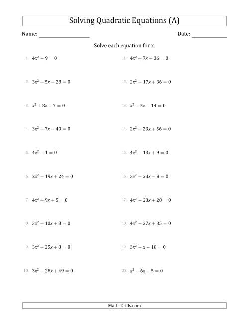 The Solving Quadratic Equations with Positive 'a' Coefficients up to 4 (All) Math Worksheet