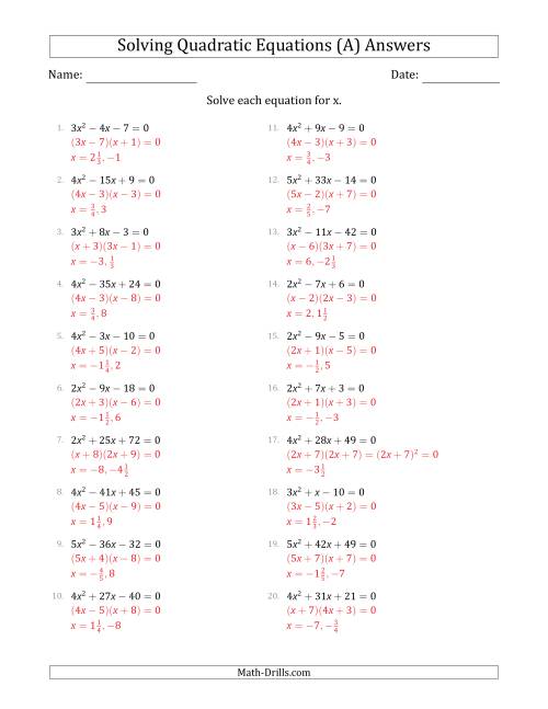 The Solving Quadratic Equations with Positive 'a' Coefficients up to 5 (A) Math Worksheet Page 2