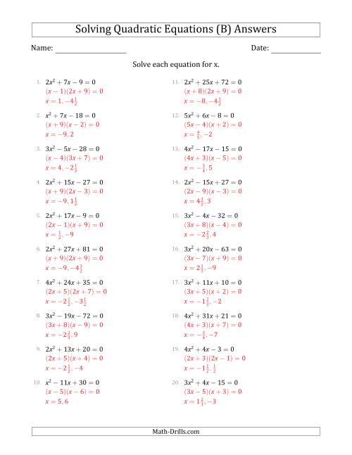 Solving Quadratic Equations with Positive 'a' Coefficients up to 5 (B)