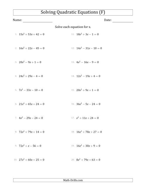 The Solving Quadratic Equations with Positive 'a' Coefficients up to 81 (F) Math Worksheet