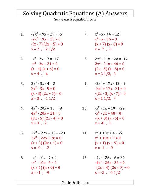 Solving Quadratic Equations for x with 'a' Coefficients Between -4 and