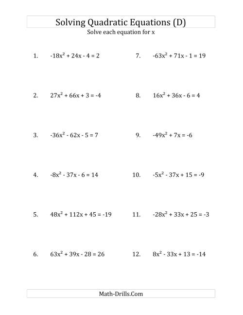 The Solving Quadratic Equations for x with 'a' Coefficients Between -81 and 81 (Equations equal an integer) (D) Math Worksheet