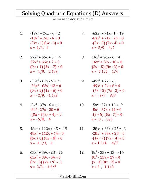 The Solving Quadratic Equations for x with 'a' Coefficients Between -81 and 81 (Equations equal an integer) (D) Math Worksheet Page 2