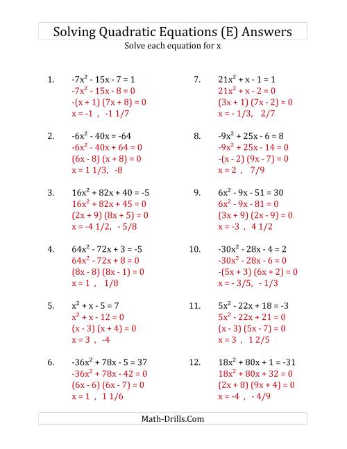 The Solving Quadratic Equations for x with 'a' Coefficients Between -81 and 81 (Equations equal an integer) (E) Math Worksheet Page 2