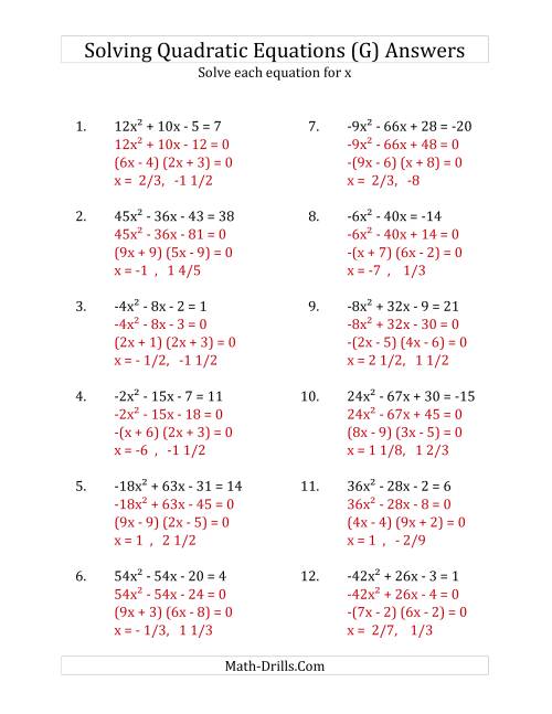 Solving Quadratic Equations Worksheet