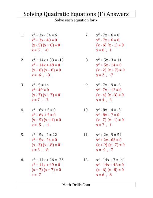 solving quadratic equations for x with a coefficients of 1 equations