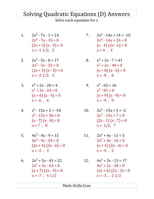 The Solving Quadratic Equations for x with 'a' Coefficients up to 4 (Equations equal an integer) (D) Math Worksheet Page 2