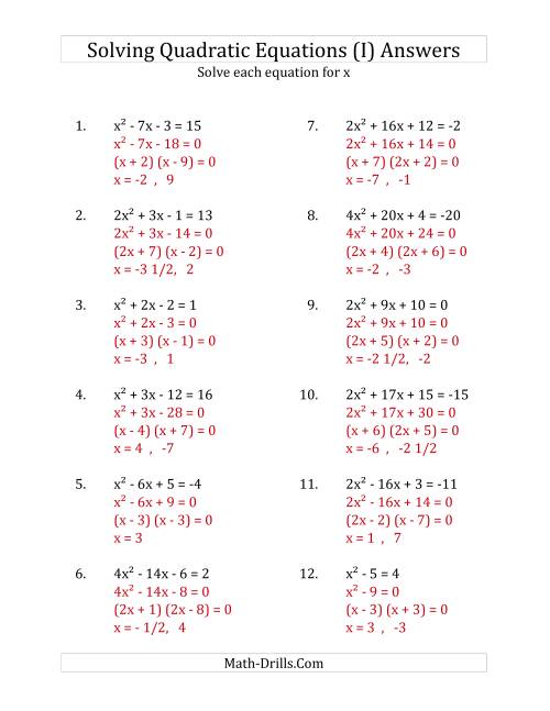 The Solving Quadratic Equations for x with 'a' Coefficients up to 4 (Equations equal an integer) (I) Math Worksheet Page 2