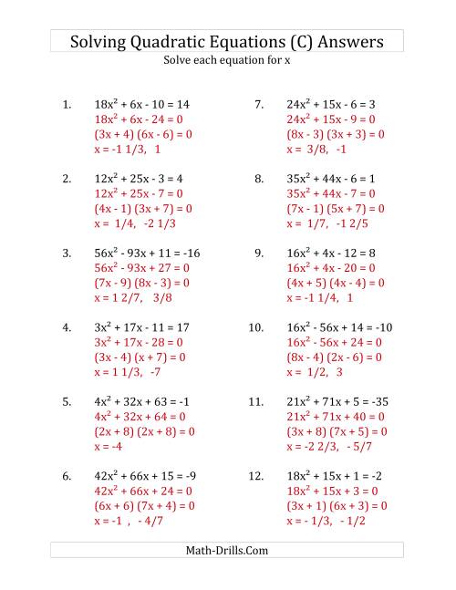 The Solving Quadratic Equations for x with 'a' Coefficients up to 81 (Equations equal an integer) (C) Math Worksheet Page 2