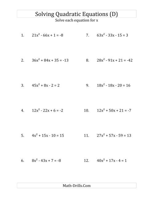 The Solving Quadratic Equations for x with 'a' Coefficients up to 81 (Equations equal an integer) (D) Math Worksheet