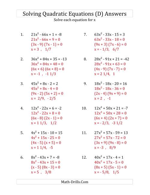 The Solving Quadratic Equations for x with 'a' Coefficients up to 81 (Equations equal an integer) (D) Math Worksheet Page 2