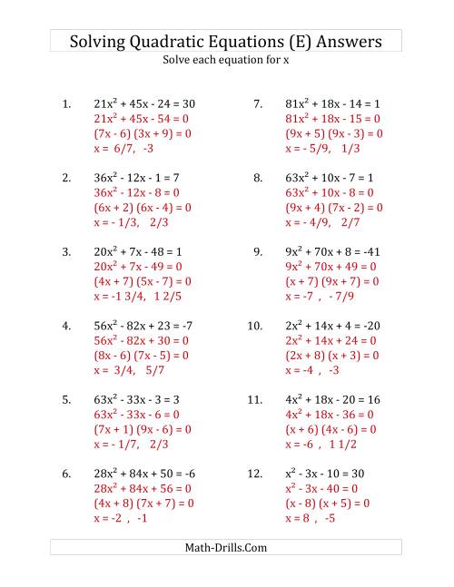 The Solving Quadratic Equations for x with 'a' Coefficients up to 81 (Equations equal an integer) (E) Math Worksheet Page 2