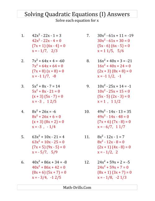 solving quadratic equations for x with a coefficients up to 81