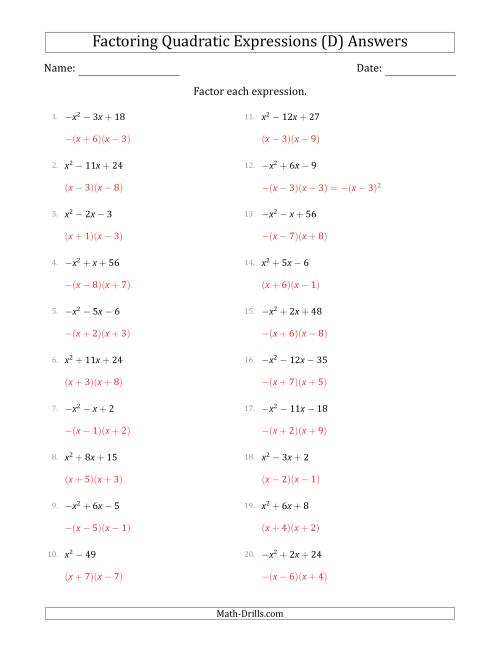 The Factoring Quadratic Expressions with Positive or Negative 'a' Coefficients of 1 (D) Math Worksheet Page 2