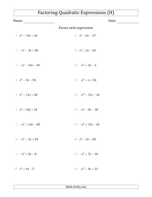 The Factoring Quadratic Expressions with Positive or Negative 'a' Coefficients of 1 (H) Math Worksheet