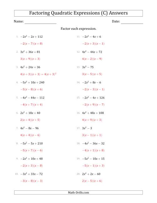 The Factoring Quadratic Expressions with Positive or Negative 'a' Coefficients of 1 with a Common Factor Step (C) Math Worksheet Page 2