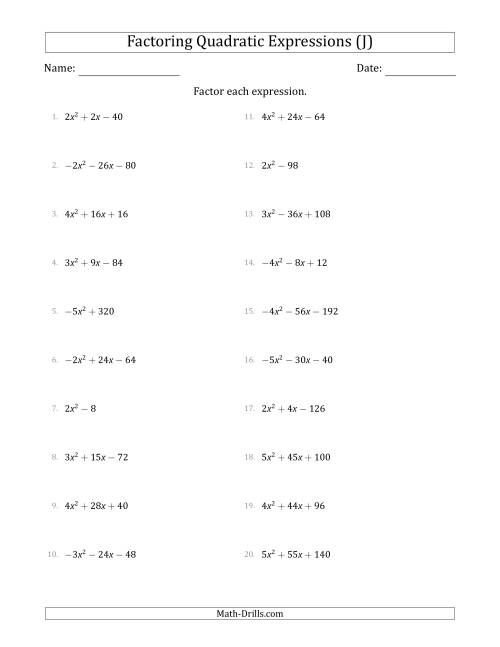 The Factoring Quadratic Expressions with Positive or Negative 'a' Coefficients of 1 with a Common Factor Step (J) Math Worksheet