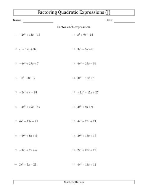 The Factoring Quadratic Expressions with Positive or Negative 'a' Coefficients up to 4 (J) Math Worksheet