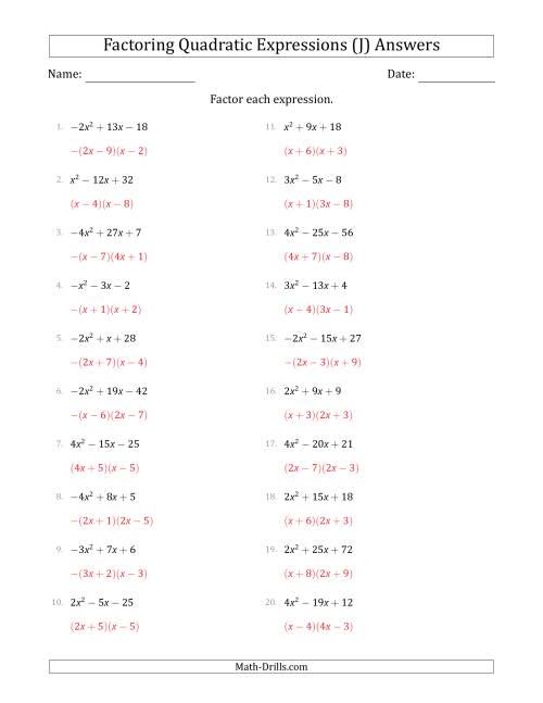 The Factoring Quadratic Expressions with Positive or Negative 'a' Coefficients up to 4 (J) Math Worksheet Page 2