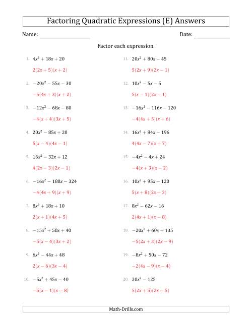 The Factoring Quadratic Expressions with Positive or Negative 'a' Coefficients up to 4 with a Common Factor Step (E) Math Worksheet Page 2