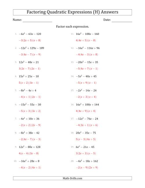 The Factoring Quadratic Expressions with Positive or Negative 'a' Coefficients up to 4 with a Common Factor Step (H) Math Worksheet Page 2