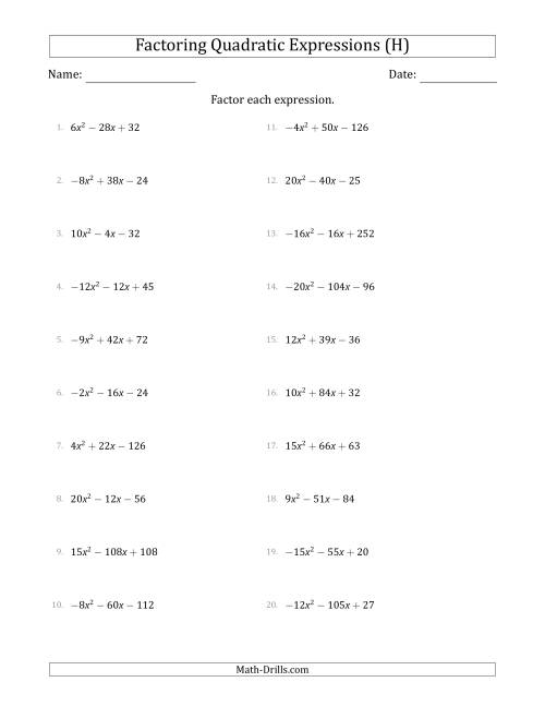 The Factoring Quadratic Expressions with Positive or Negative 'a' Coefficients up to 5 with a Common Factor Step (H) Math Worksheet