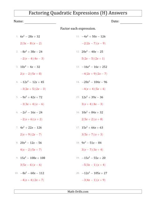 The Factoring Quadratic Expressions with Positive or Negative 'a' Coefficients up to 5 with a Common Factor Step (H) Math Worksheet Page 2