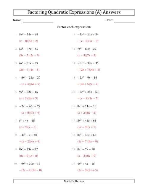 Factoring Quadratic Expressions Worksheet With Answers Math Drills