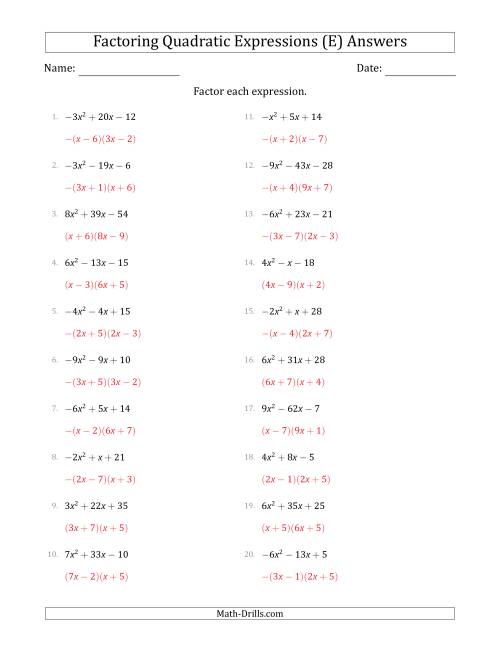 The Factoring Quadratic Expressions with Positive or Negative 'a' Coefficients up to 9 (E) Math Worksheet Page 2
