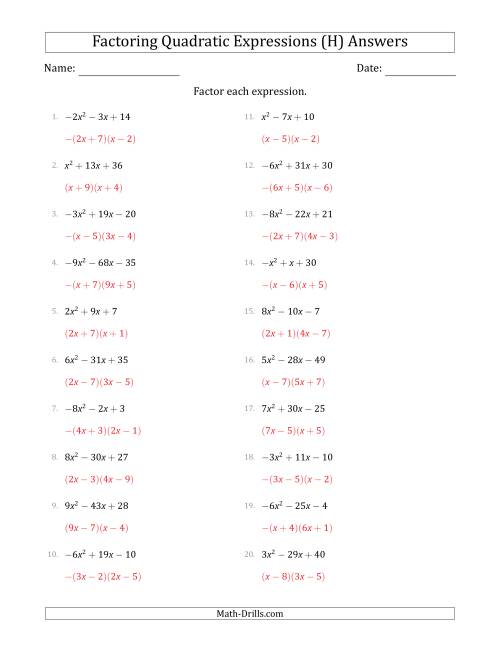 The Factoring Quadratic Expressions with Positive or Negative 'a' Coefficients up to 9 (H) Math Worksheet Page 2