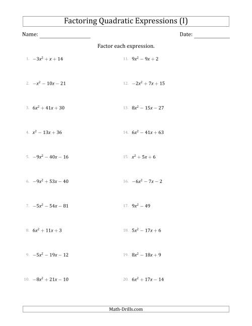 The Factoring Quadratic Expressions with Positive or Negative 'a' Coefficients up to 9 (I) Math Worksheet