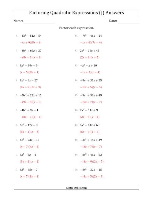 The Factoring Quadratic Expressions with Positive or Negative 'a' Coefficients up to 9 (J) Math Worksheet Page 2