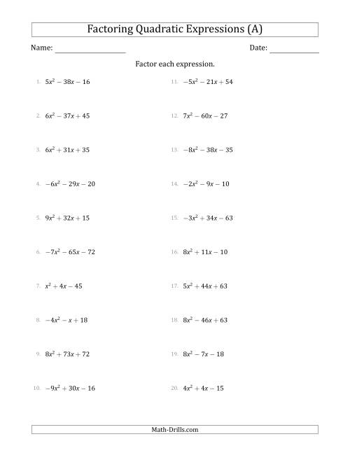 The Factoring Quadratic Expressions with Positive or Negative 'a' Coefficients up to 9 (All) Math Worksheet