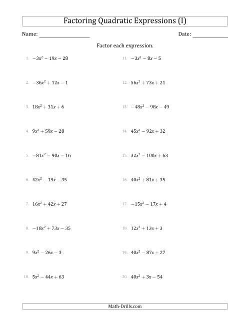 The Factoring Quadratic Expressions with Positive or Negative 'a' Coefficients up to 81 (I) Math Worksheet