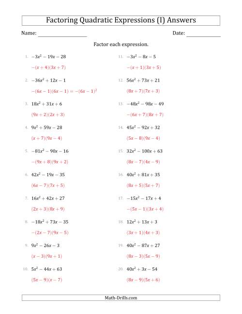 The Factoring Quadratic Expressions with Positive or Negative 'a' Coefficients up to 81 (I) Math Worksheet Page 2