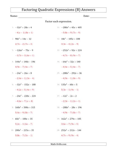 The Factoring Quadratic Expressions with Positive or Negative 'a' Coefficients up to 81 with a Common Factor Step (B) Math Worksheet Page 2