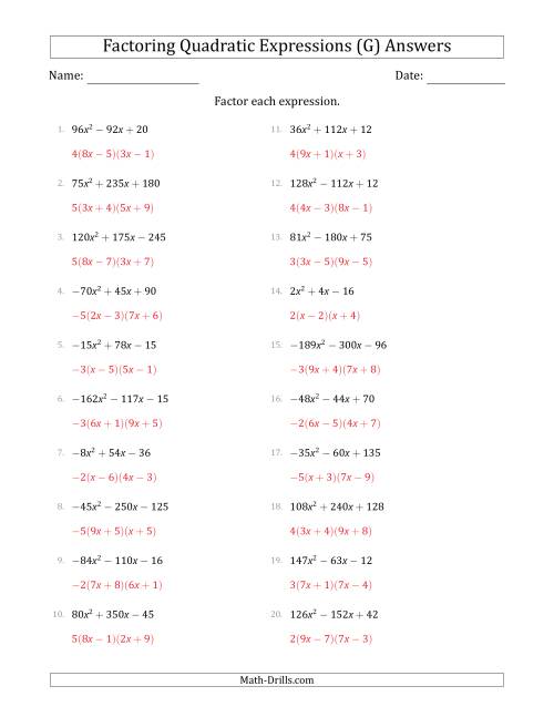 The Factoring Quadratic Expressions with Positive or Negative 'a' Coefficients up to 81 with a Common Factor Step (G) Math Worksheet Page 2
