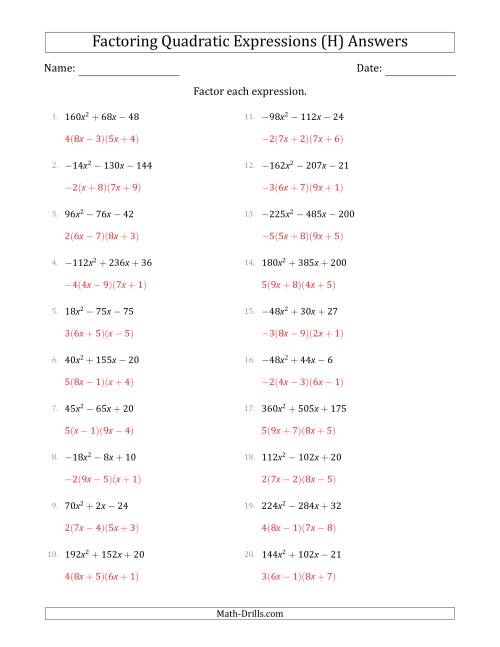 The Factoring Quadratic Expressions with Positive or Negative 'a' Coefficients up to 81 with a Common Factor Step (H) Math Worksheet Page 2